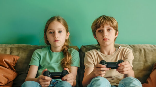 Young gamers playing video games on couch
