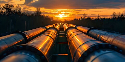 Industrial plant at sunset with steel pipelines and petrochemical infrastructure. Concept Industrial Plant, Sunset, Steel Pipelines, Petrochemical Infrastructure, Photography