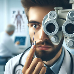 eye examination by an ophthalmologist isolated on blurred background of medical office - obrazy, fototapety, plakaty