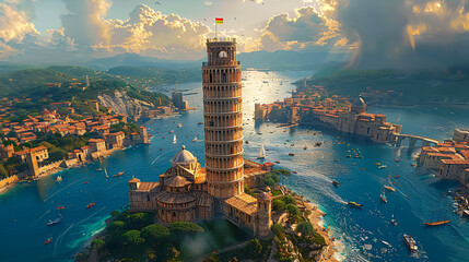 Leaning Tower of Pisa, Italy. 3D rendering. - obrazy, fototapety, plakaty