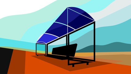 bus stop landscape, flat color illustration 