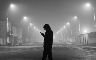 silhouette of a person walking along a night street illuminated by streetlights