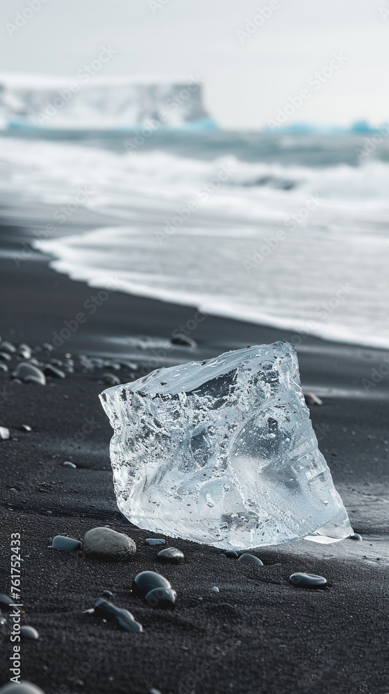 Wall mural piece of ice melting against black beach