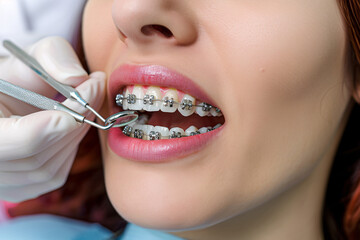 Orthodontist checking wire brace on woman teeth