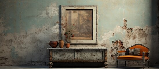 A room in the building with a wood dresser, chair, and a painting in a picture frame on the rectangle shape wall. Facade has a gas lamp