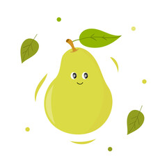 Cute character green pear with eyes. Vector illustration of tasty fruit with green leaves isolated on white background. Hand drawn, flat style. Children's illustration.