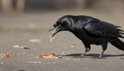 A Crow With Its Sharp Beak Pecking At A Discarded
