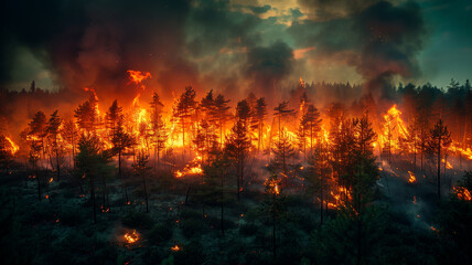 Global catastrophe: forest fires engulf landscapes, leaving devastation in their wake. - obrazy, fototapety, plakaty