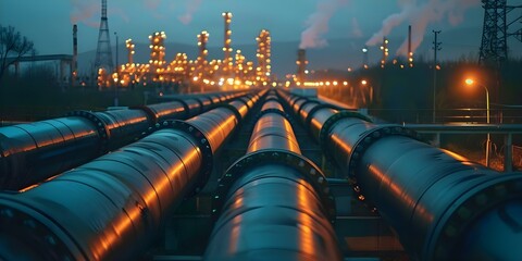 Industrial pipes carrying natural gas at a terminal boosting global energy trade. Concept Energy Trade, Industrial Pipes, Natural Gas, Global Terminal, Resource Transportation - obrazy, fototapety, plakaty