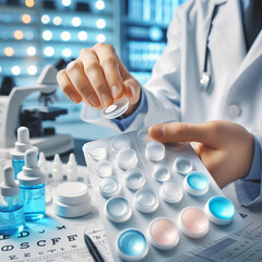 Fototapeta premium selection of contact lenses by a doctor on a blurred background of a medical office