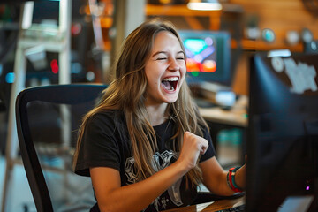 Photo of a happy girl sitting at the computer with her hands up.