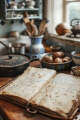 Obraz na płótnie Canvas Weathered, handwritten recipe book on a kitchen counter, showcasing the personal stories and heartfelt expressions of family traditions