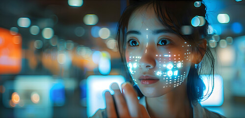 Concept of staying current with technology in today's fast-paced world. An Asian woman uses a holographic display to view her phone data and functions. - obrazy, fototapety, plakaty