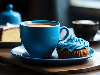 There is a blue coffee cup and a blue cake.