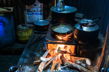 Cooking zone in a lodge kitchen in the Selele Camp on the Great Himalaya Trail (GHT), Nepal - 761753293