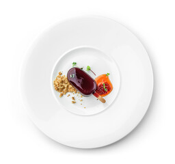 Delicious dessert mousse in form of ice cream with cookies and fruit jam in plate isolated on white background. Sweets, dessert and pastry, top view