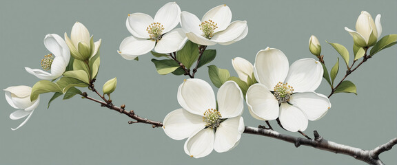 A watercolor illustration of a white flowering dogwood branch with a photo manipulation effect served as the graphic element for a wedding invitation design This decorative floral clip art 