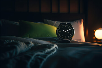 Elegant wristwatch on bedside table illuminated by warm light