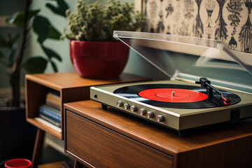Vintage turntable playing red vinyl record in stylish interior room
