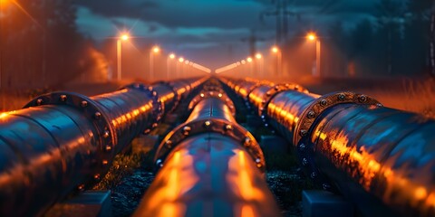 A network of interconnected pipelines for storing and transporting hydrogen gas. Concept Hydrogen Storage, Pipeline System, Gas Transportation, Renewable Energy, Alternative Fuels - obrazy, fototapety, plakaty
