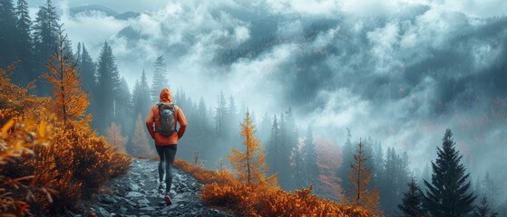 A solitary runner on a misty forest trail, epitomizing the pure simplicity and unscripted adventure in a tranquil environment - obrazy, fototapety, plakaty
