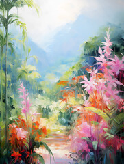 Fototapeta na wymiar Spring tropical forest. Oil painting in impressionism style.