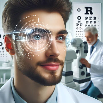 laser eye correction by an ophthalmologist on a blurred background of a medical office