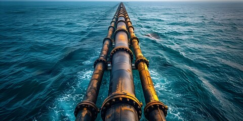 Aerial view of gas pipelines on seabed symbolizing energy transportation and pollution. Concept Energy Transportation, Gas Pipelines, Seabed, Aerial View, Pollution