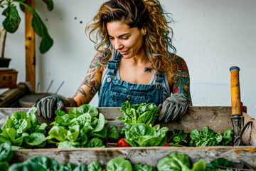 Woman in overalls and gardening gloves tending to garden of lettuce.