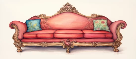 Deurstickers A red rectangular couch with two wooden pillows on it, resembling automotive design elements like bumpers and lighting, providing comfort and art on a white background © AkuAku