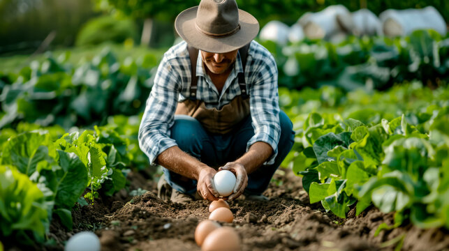 Man kneeling down in the middle of field with eggs in his hands.