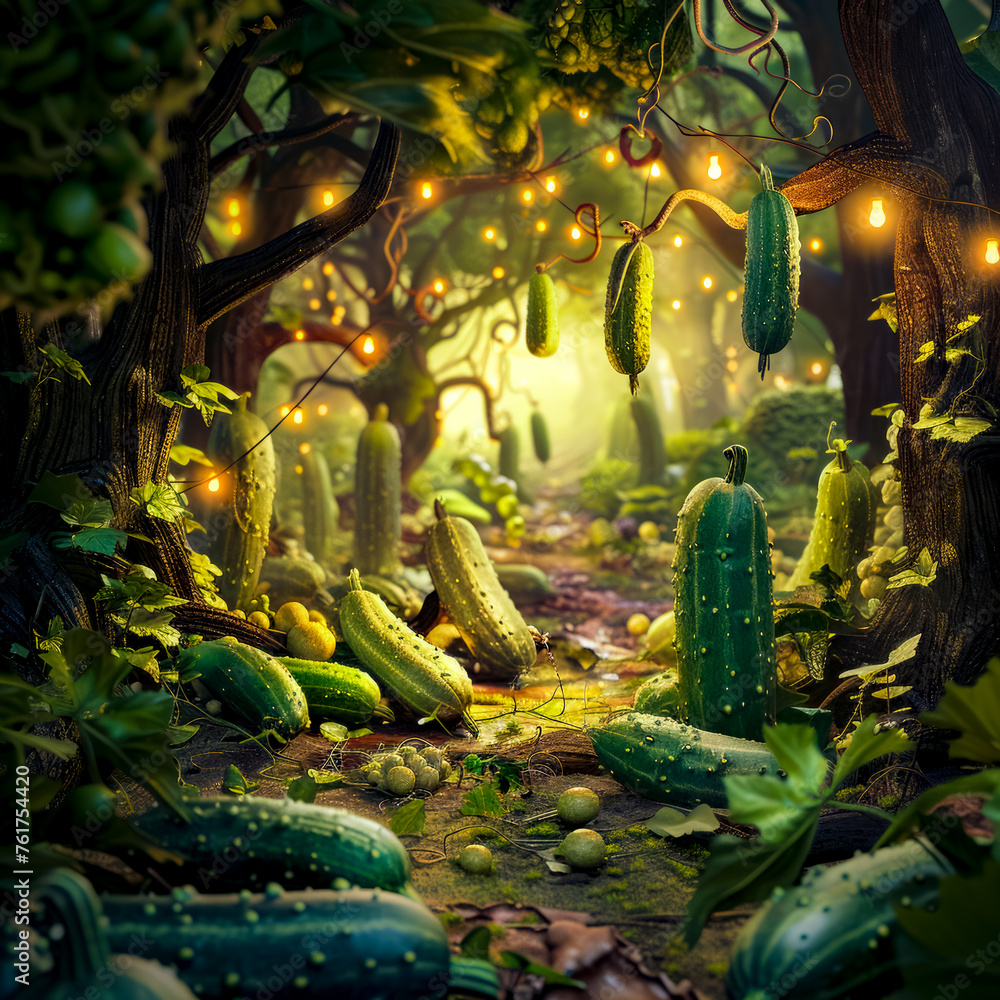 Poster forest filled with lots of cucumbers under string of lights.