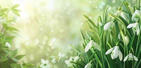 Green background with snowdrops and leaves bright and light colors Generative AI - obrazy, fototapety, plakaty