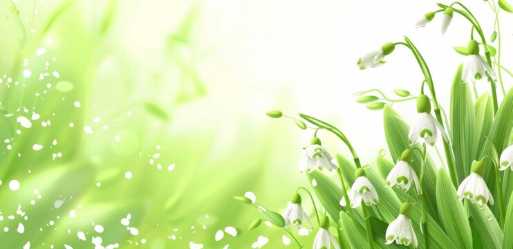 green background with snowdrops and leaves on the right side, white space in the center of the picture, green and white color theme Generative AI