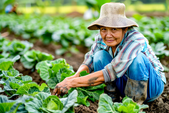 Woman kneeling down in field of lettuce with hat on.