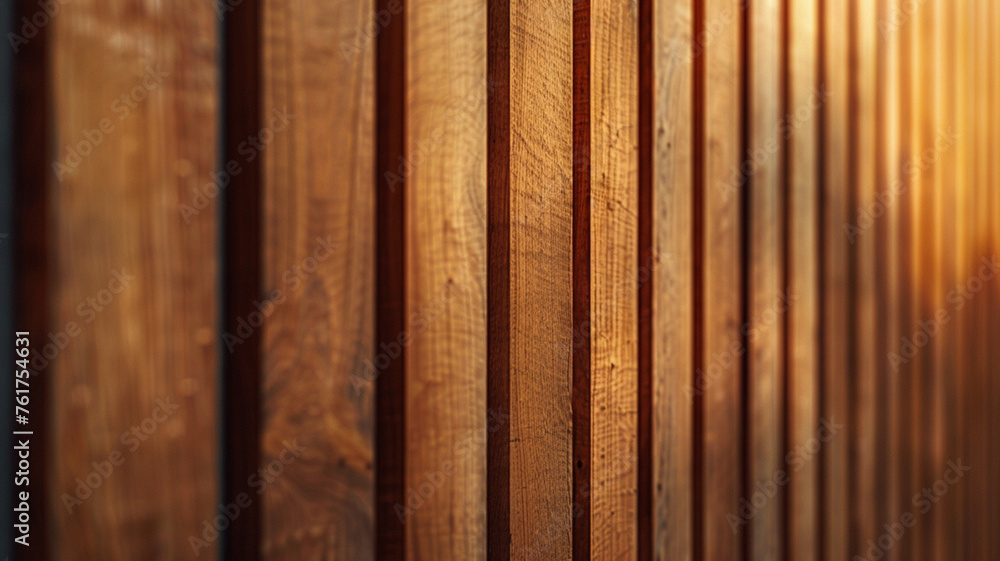 Poster a long wooden board with a grain pattern that is visible in the sunlight. the board is likely part o