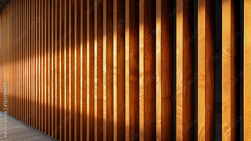 Poster a long wooden wall with a row of wooden slats. the slats are arranged in a way that creates a sense 