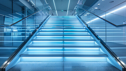 A staircase with blue lights on it. The staircase is very tall and has a lot of steps