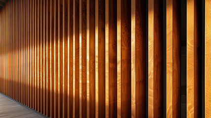 A long wooden wall with a row of wooden slats. The slats are arranged in a way that creates a sense of depth and texture. The sunlight is shining through the slats, casting shadows on the wall - obrazy, fototapety, plakaty