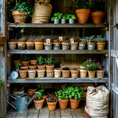 Fototapeta na wymiar Shelf filled with lots of potted plants on top of wooden shelves.
