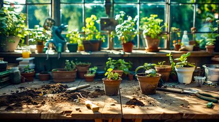 Wooden table topped with potted plants next to window covered in dirt.