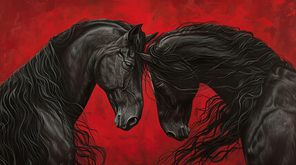Portrait of a pair of black beautiful horses on a red background with bokeh