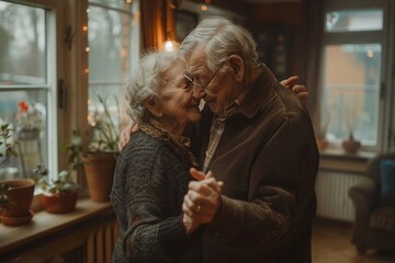 An elderly couple dancing in their living room, engaging in an authentic interaction brimming with heartfelt expressions and timeless authenticity