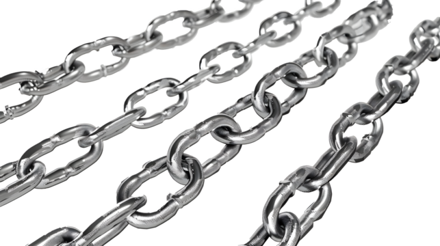 Metal chain in wave. Metal chain blank for your design. Several metal chains of different sizes. 3D render. Metal chain on a transparent, white background.