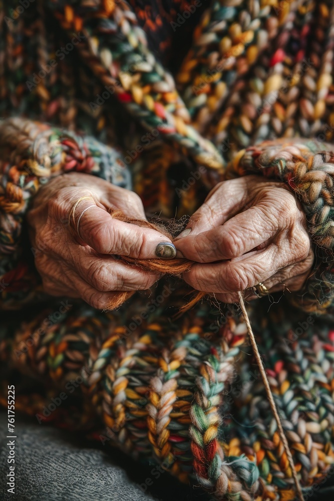 Poster capturing real textures and the joy of crafting through a close-up of hands knitting