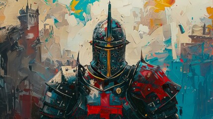 Abstract art depicts a medieval crusader knight in armor with a castle background - obrazy, fototapety, plakaty