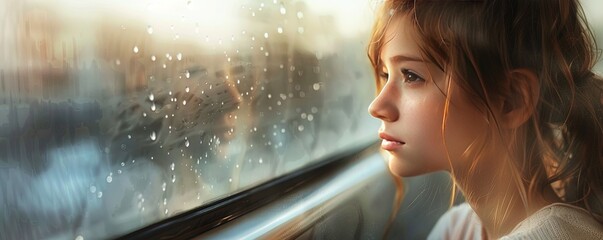 Portrait of a young girl sat on a train looking out the window