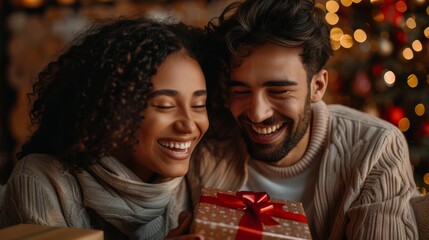 A couple laughing and exchanging gifts - obrazy, fototapety, plakaty