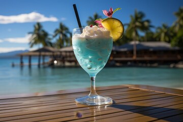 Tropical cocktail in glass on sandy beach and blue sea, exotic vacation concept