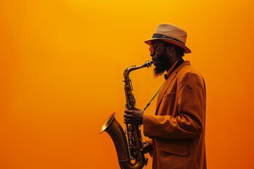 A musician playing a saxophone on a bright orange background. - obrazy, fototapety, plakaty